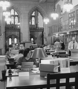 Mary researching at the Yale library.